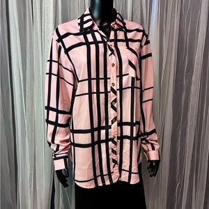 Elegant Pink and Black Plaid Women's Button Down Shirt